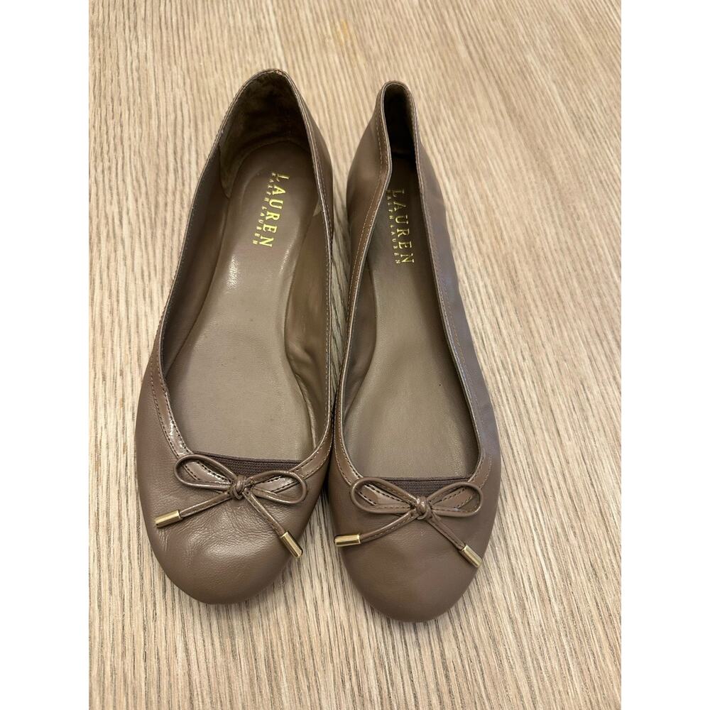 Lauren Ralph Lauren Miriam Ballet Flats Brown Leather Size 7B Classic Gold Logo